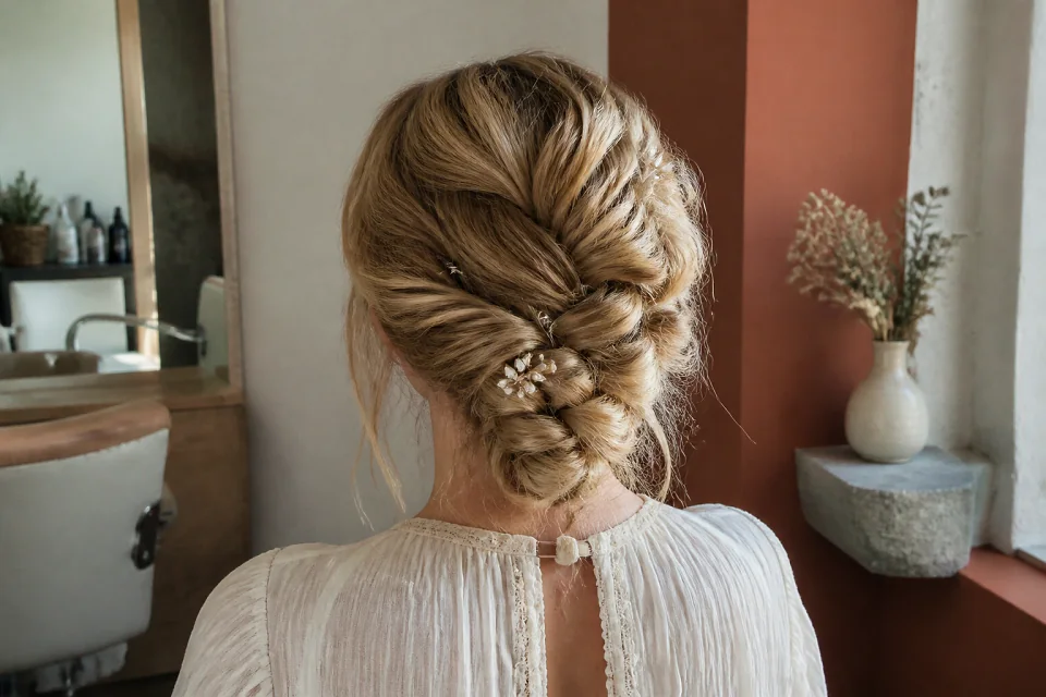 Coiffure de cérémonie vue pendant la préparation — illustration générée par IA