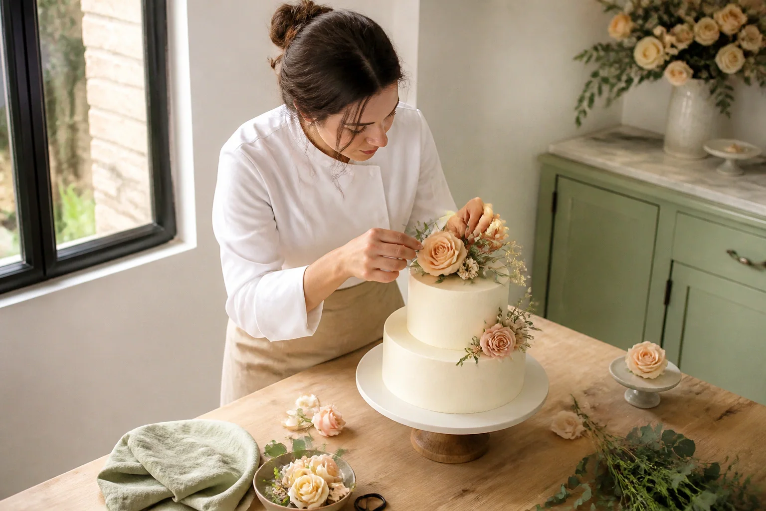 Gâteau de mariage préparé dans un atelier — illustration générée par IA