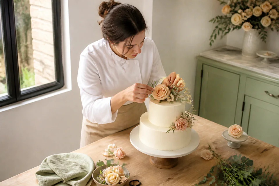 Gâteau de mariage préparé dans un atelier — illustration générée par IA