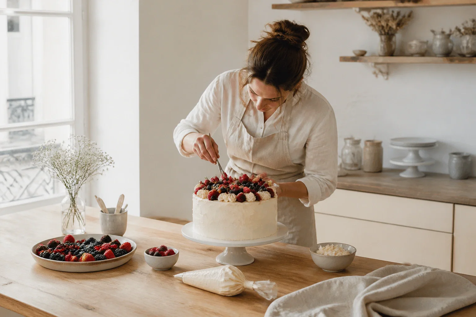 Gâteau de mariage préparé dans un atelier — illustration générée par IA
