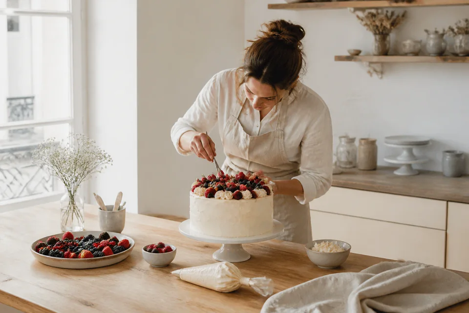 Gâteau de mariage préparé dans un atelier — illustration générée par IA