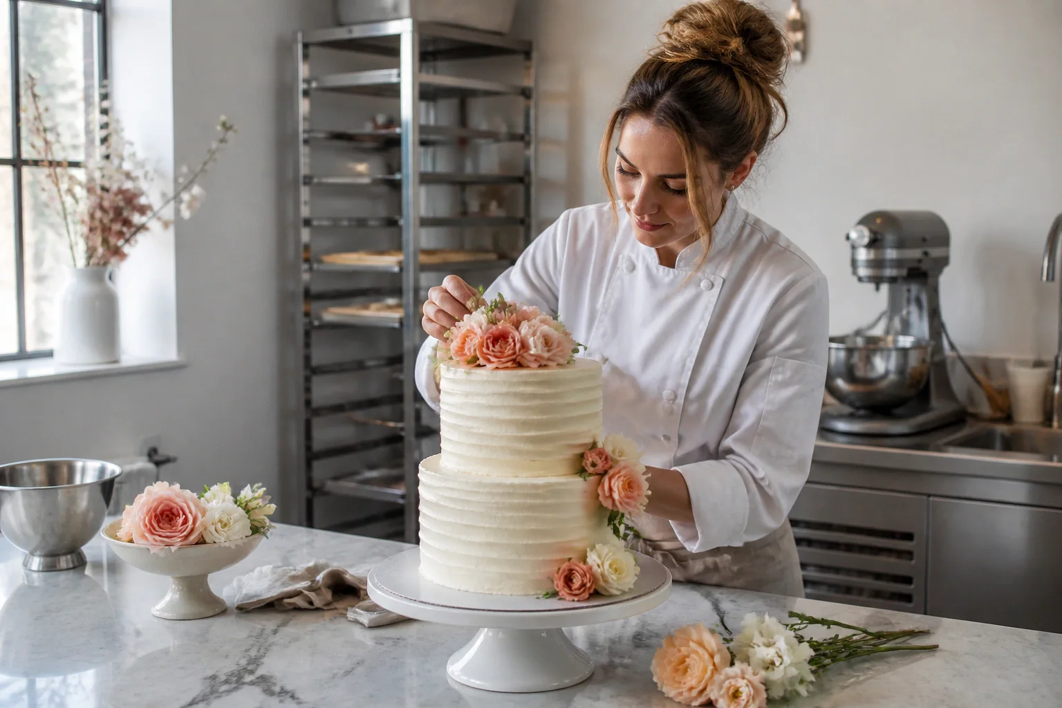 Gâteau de mariage préparé dans un atelier — illustration générée par IA