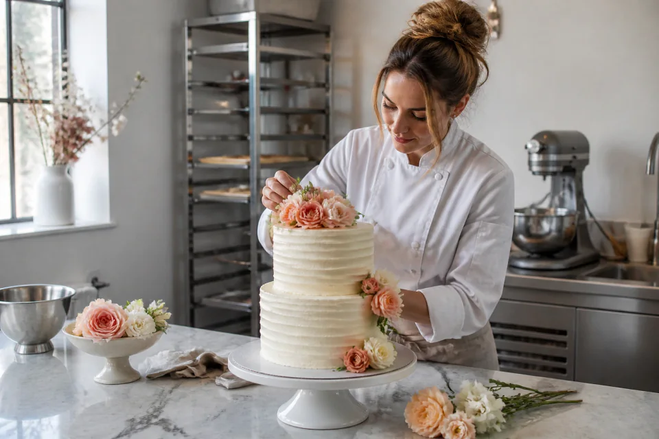 Gâteau de mariage préparé dans un atelier — illustration générée par IA