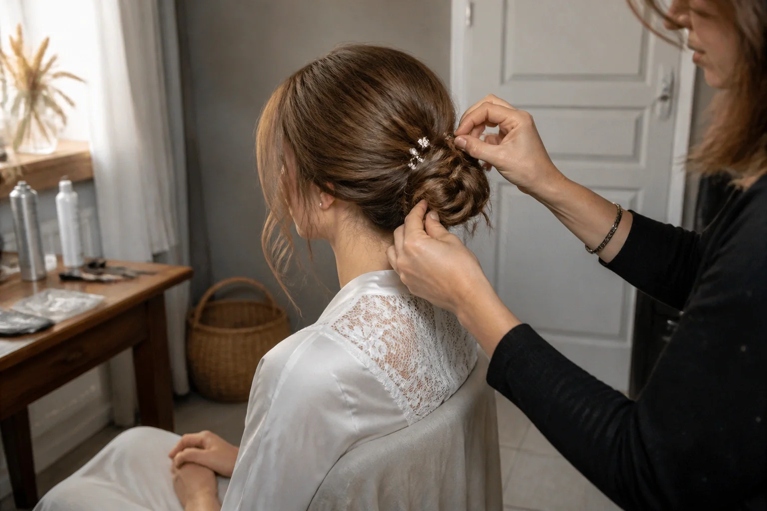 Coiffure de cérémonie vue pendant la préparation — illustration générée par IA