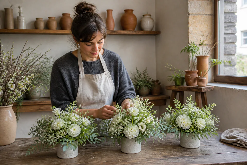 Préparation florale pour un mariage — illustration générée par IA