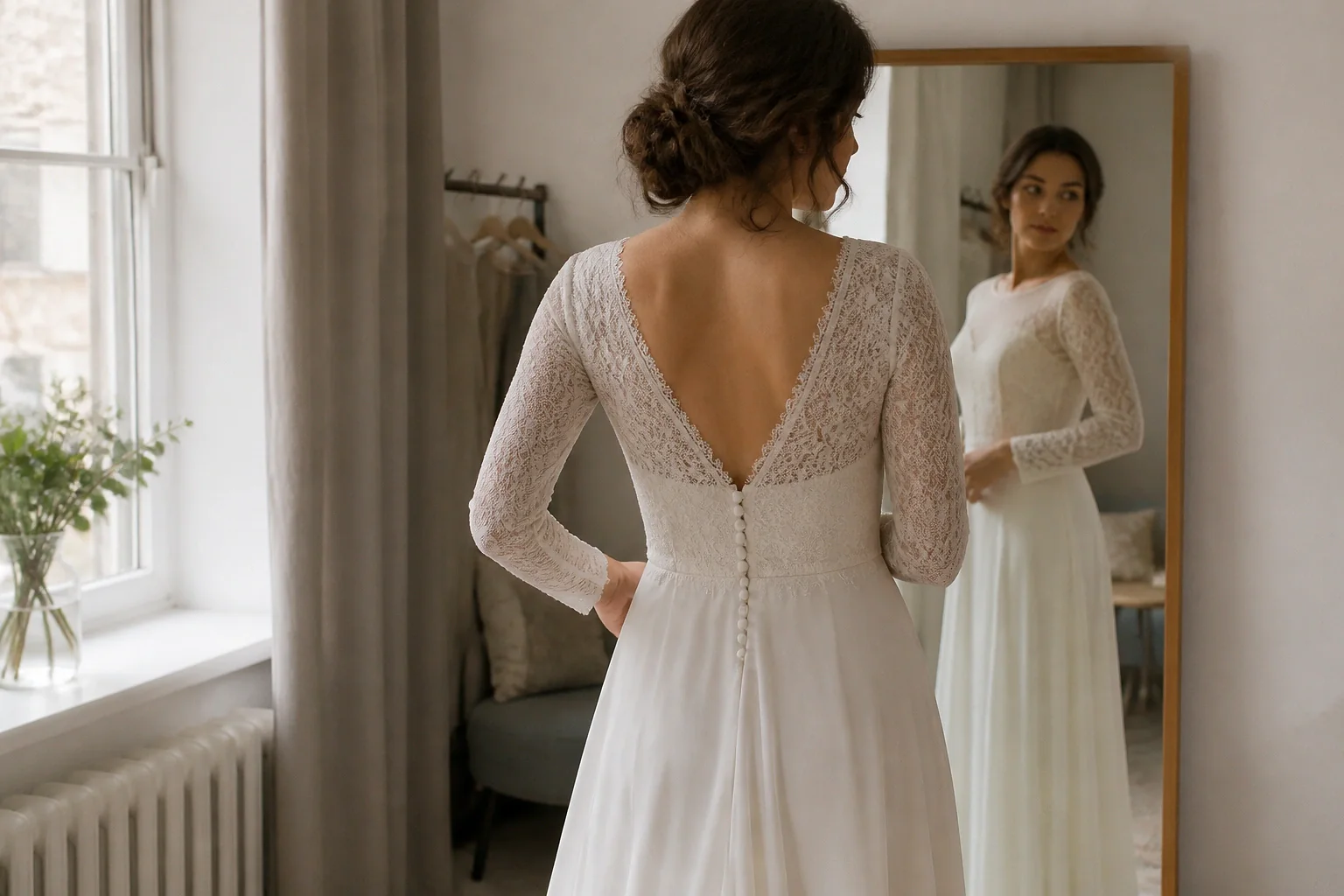 Robe de mariée dans un atelier de confection — illustration générée par IA