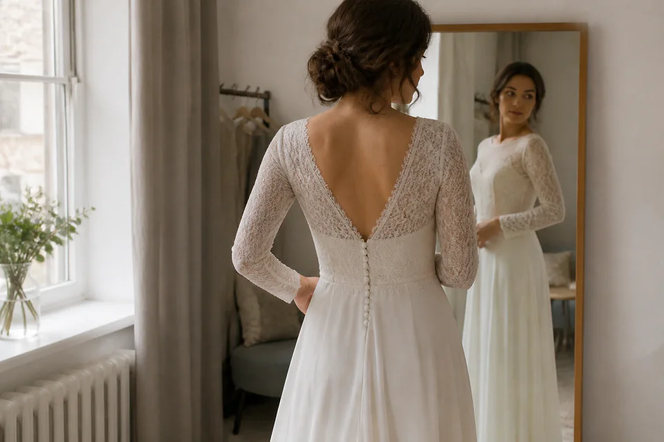 Robe de mariée dans un atelier de confection — illustration générée par IA