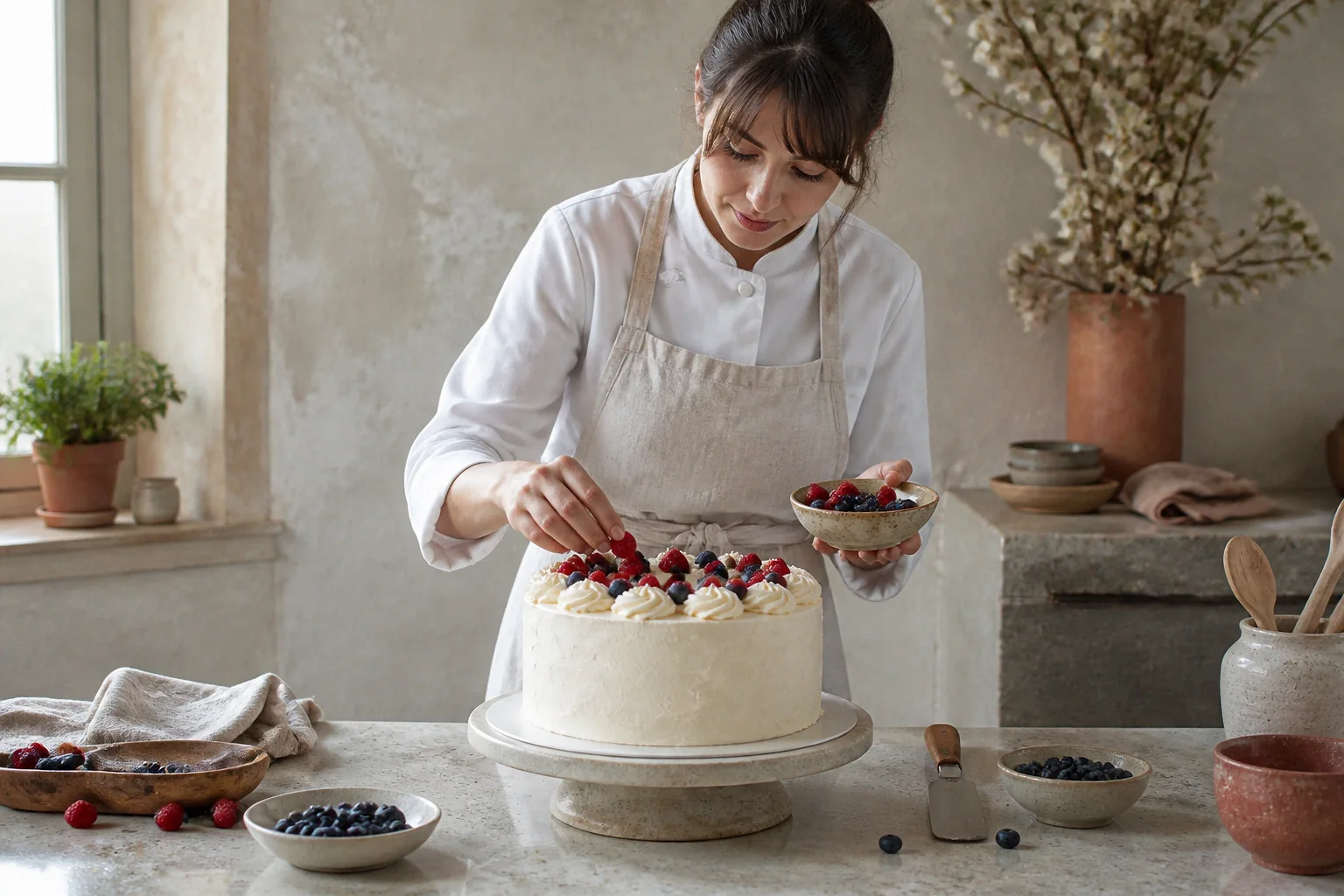 Gâteau de mariage préparé dans un atelier — illustration générée par IA