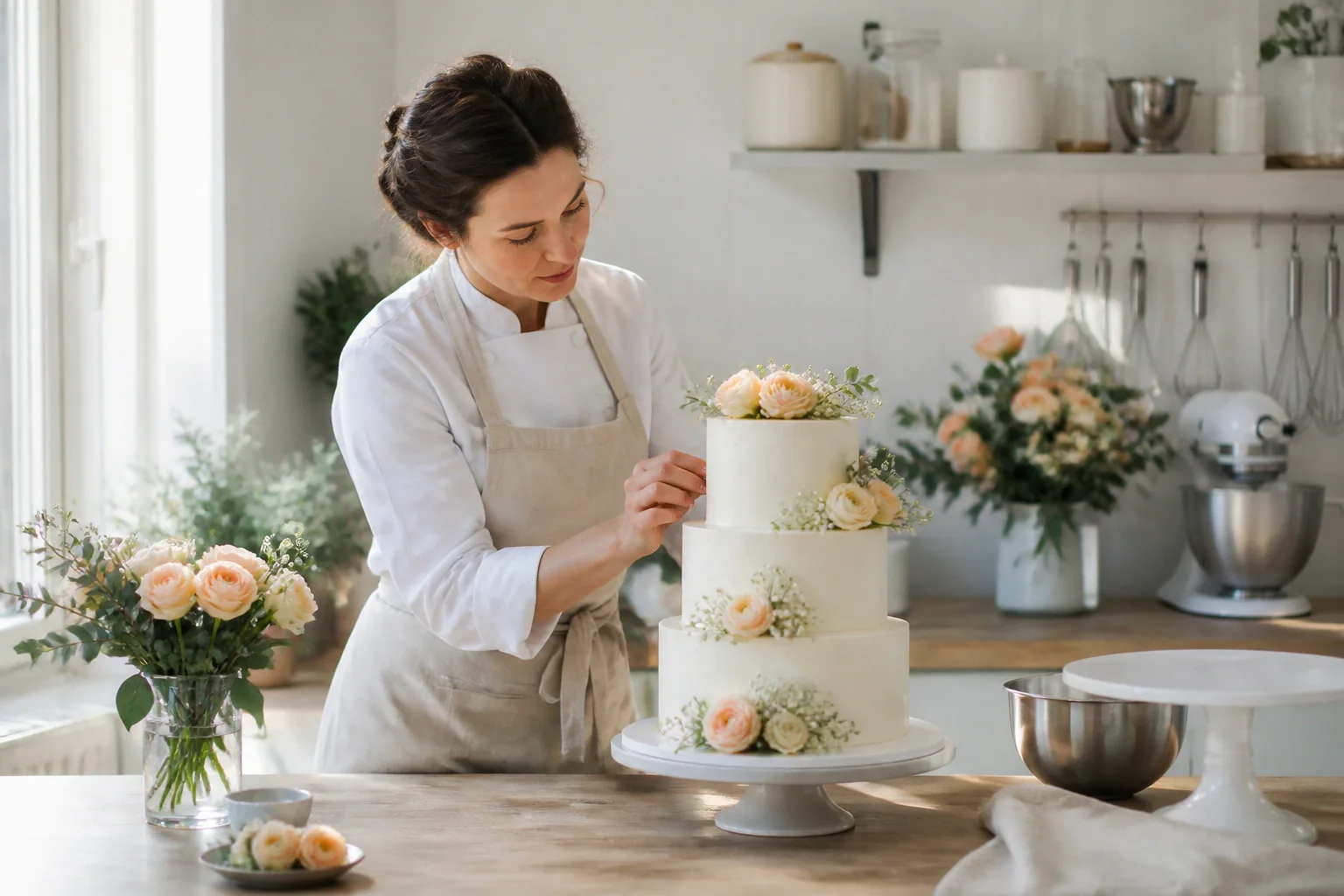 Gâteau de mariage préparé dans un atelier — illustration générée par IA