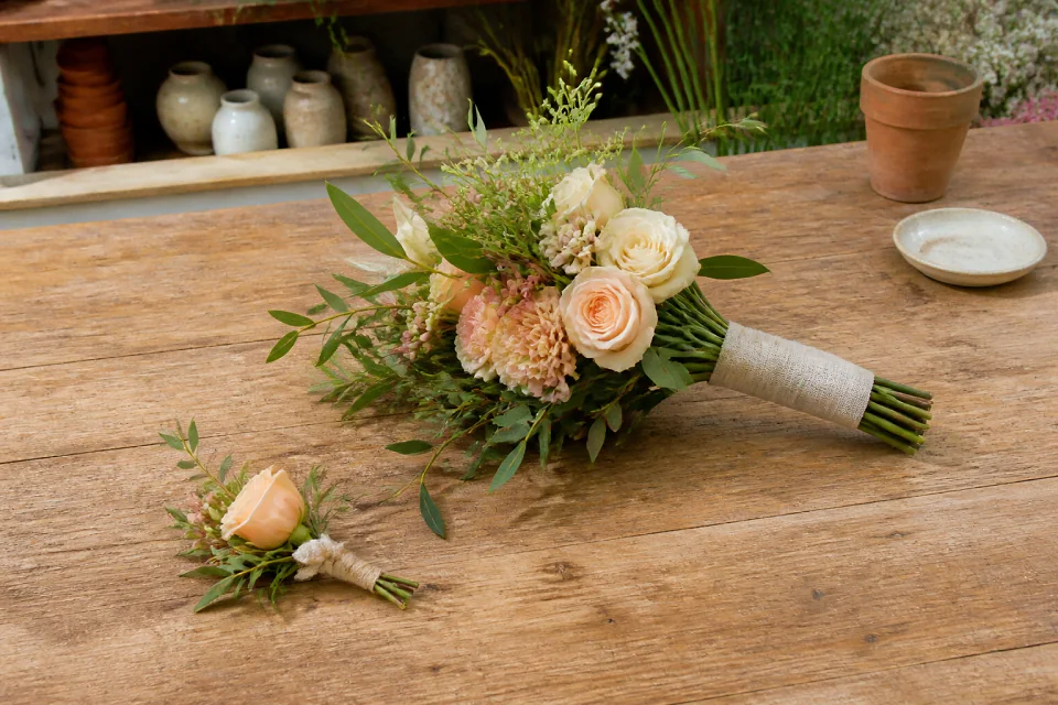 Préparation florale pour un mariage — illustration générée par IA