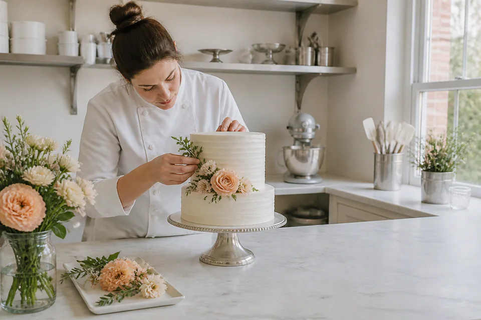 Gâteau de mariage préparé dans un atelier — illustration générée par IA