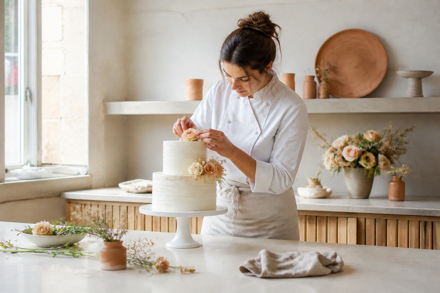 Gâteau de mariage préparé dans un atelier — illustration générée par IA