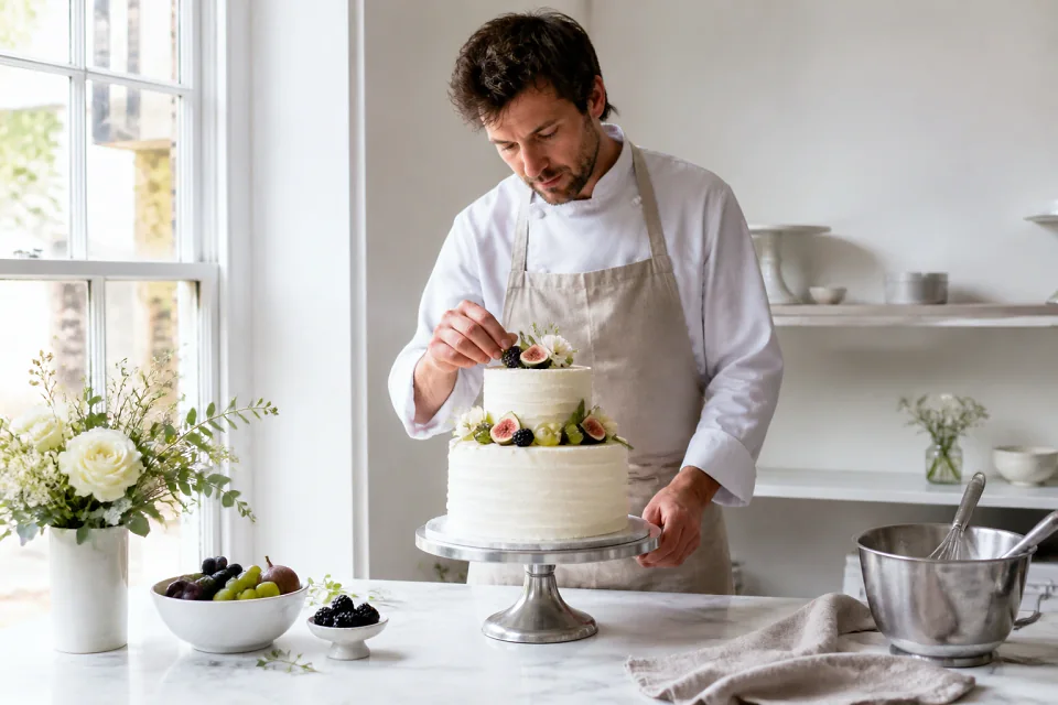Gâteau de mariage préparé dans un atelier — illustration générée par IA