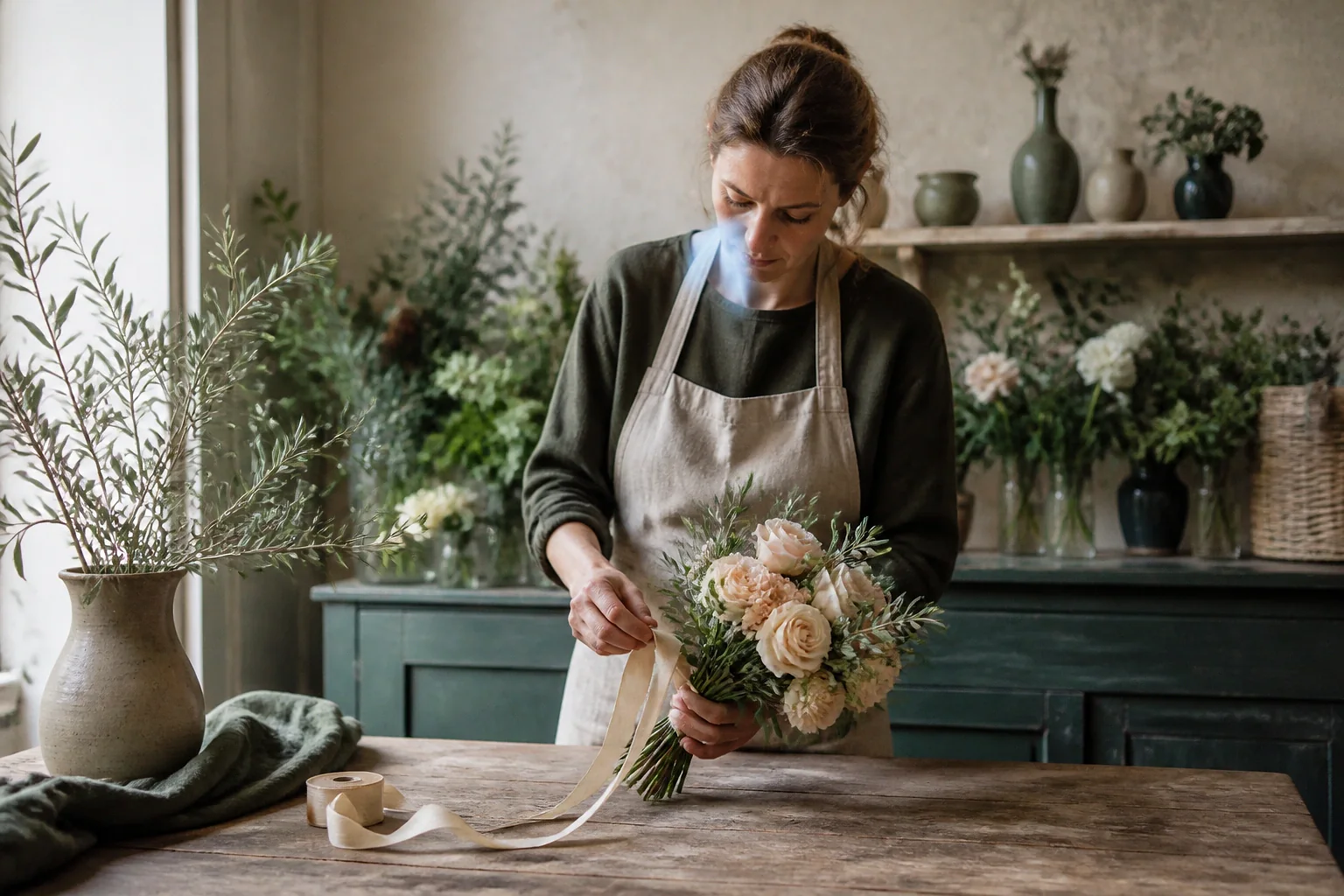 Préparation florale pour un mariage — illustration générée par IA