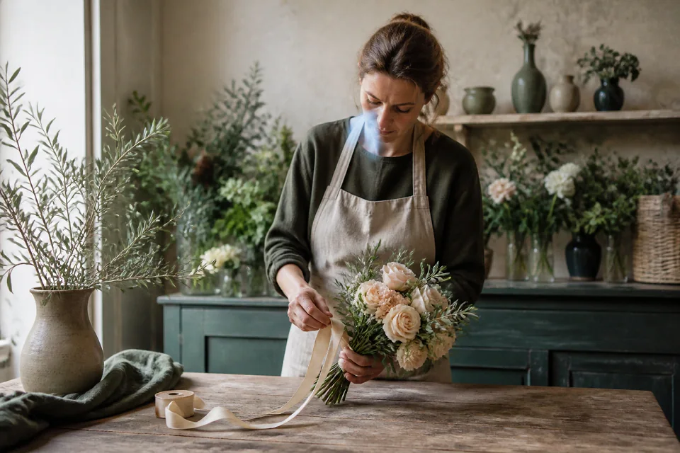 Préparation florale pour un mariage — illustration générée par IA