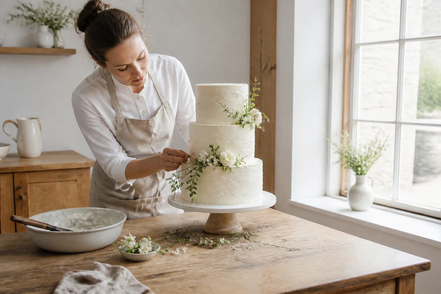 Gâteau de mariage préparé dans un atelier — illustration générée par IA