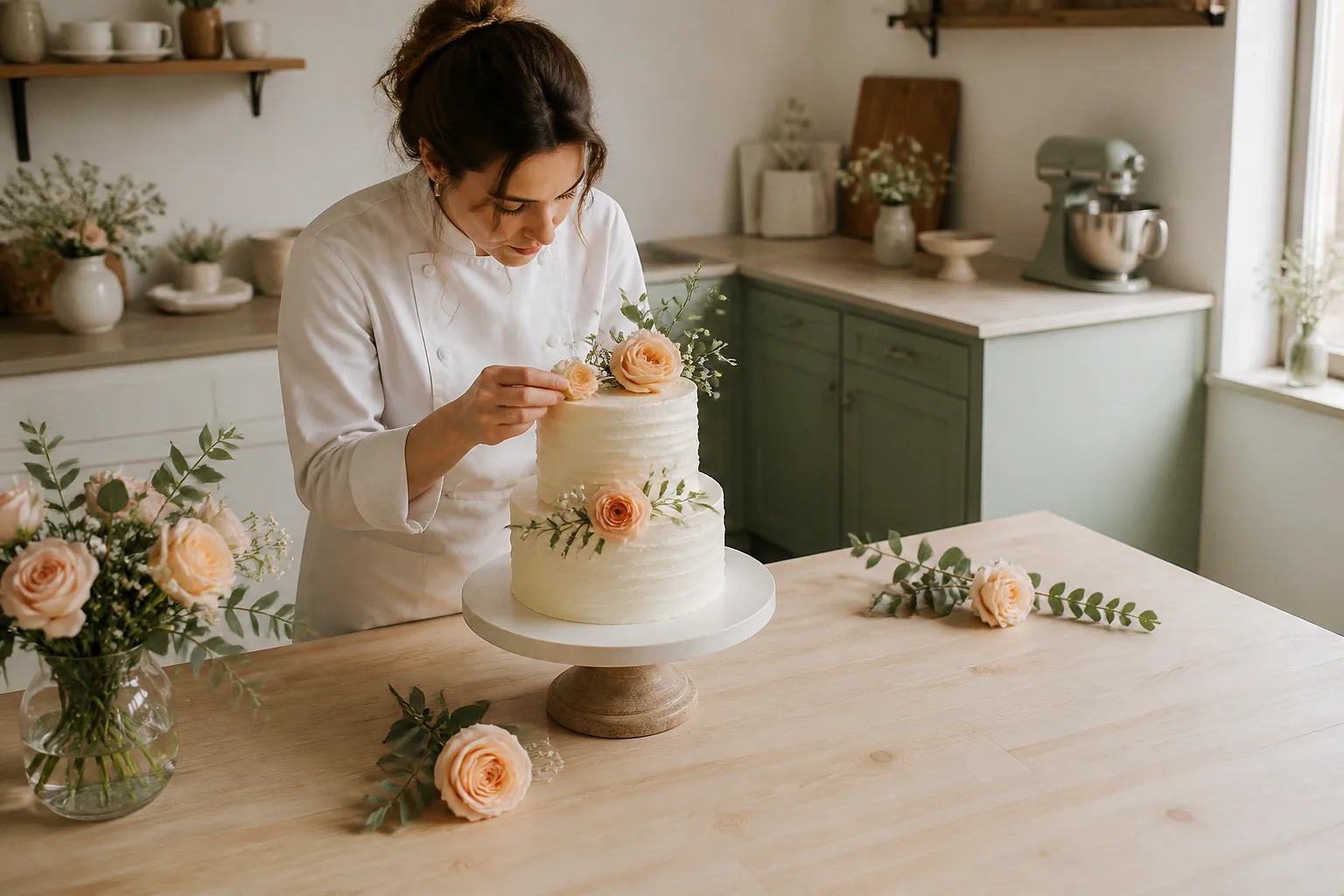 Gâteau de mariage préparé dans un atelier — illustration générée par IA