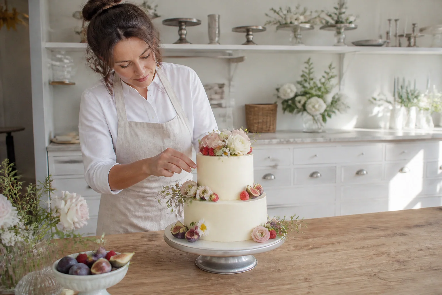 Gâteau de mariage préparé dans un atelier — illustration générée par IA