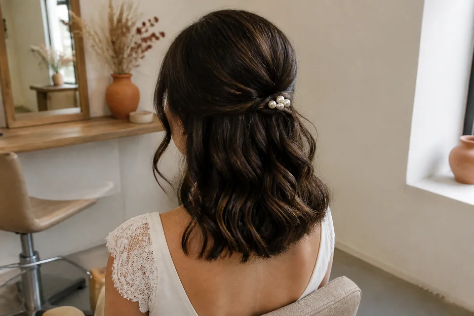 Coiffure de cérémonie vue pendant la préparation — illustration générée par IA