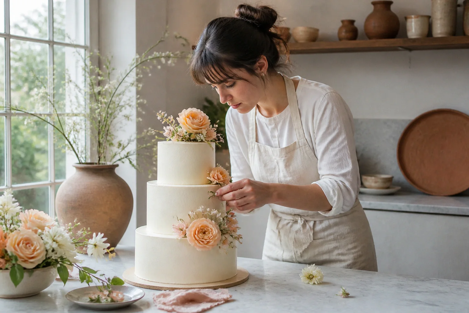 Gâteau de mariage préparé dans un atelier — illustration générée par IA