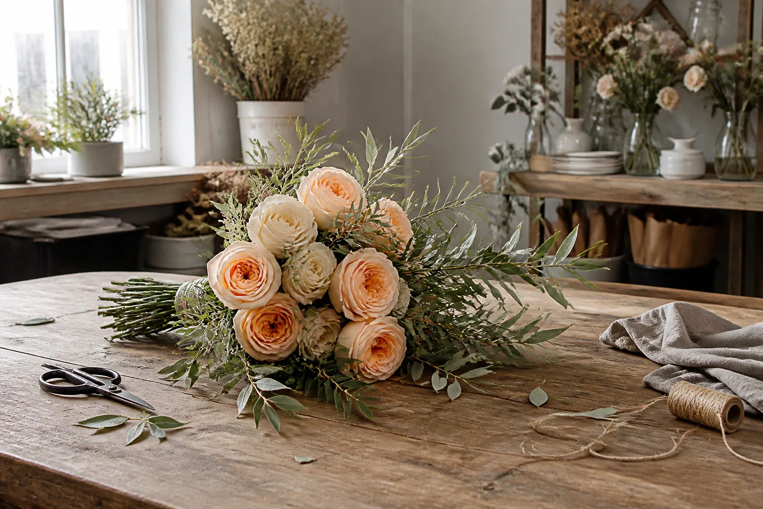 Préparation florale pour un mariage — illustration générée par IA