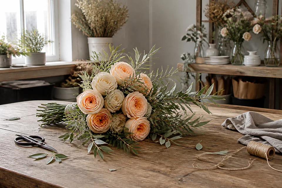 Préparation florale pour un mariage — illustration générée par IA