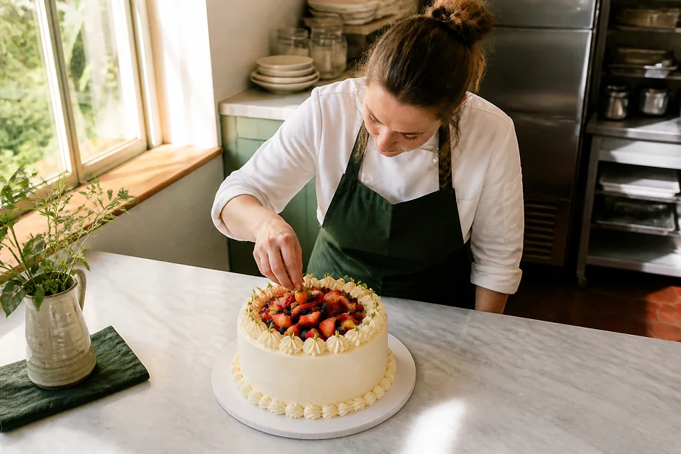Gâteau de mariage préparé dans un atelier — illustration générée par IA