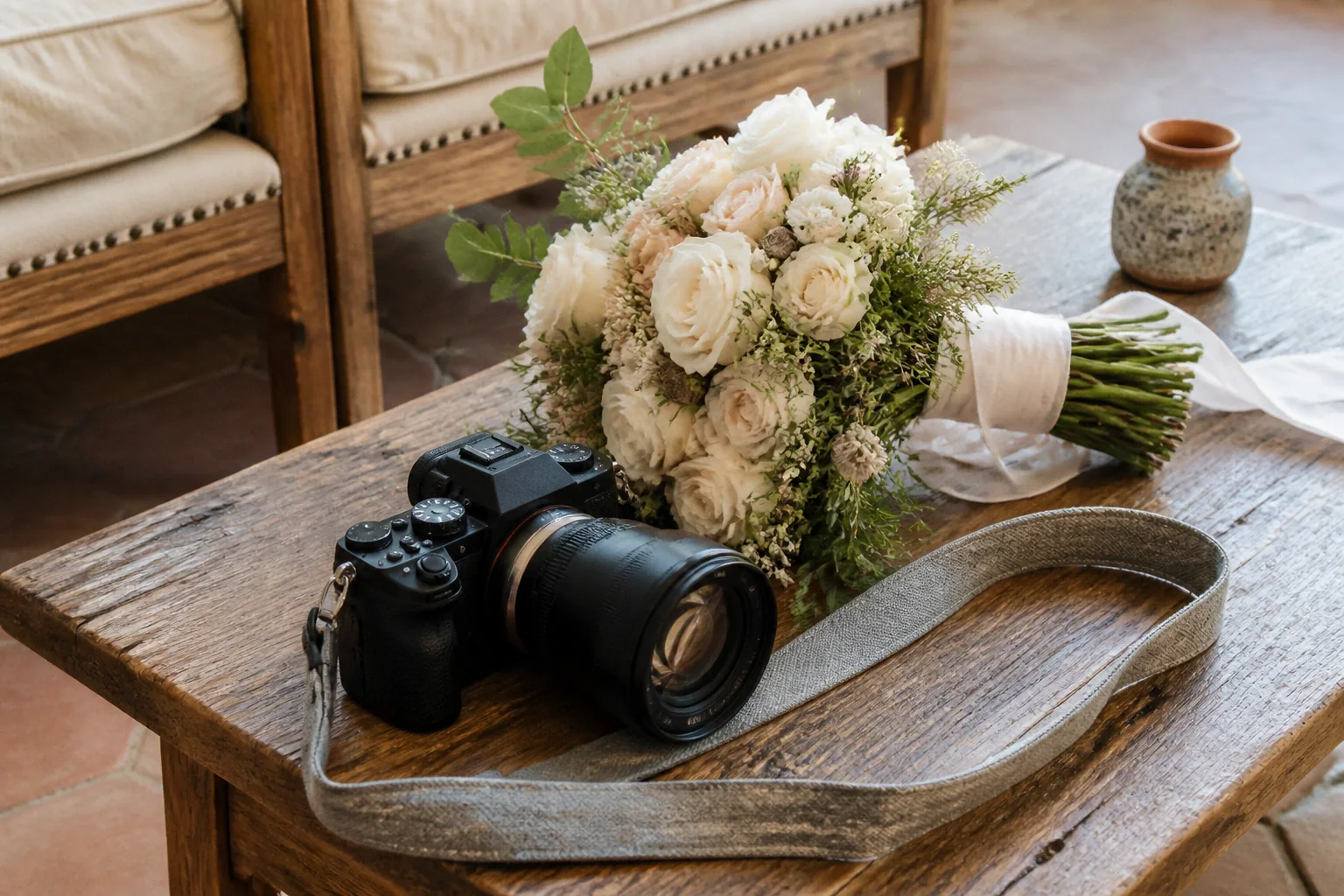 Appareil photo et accessoires de reportage de mariage — illustration générée par IA