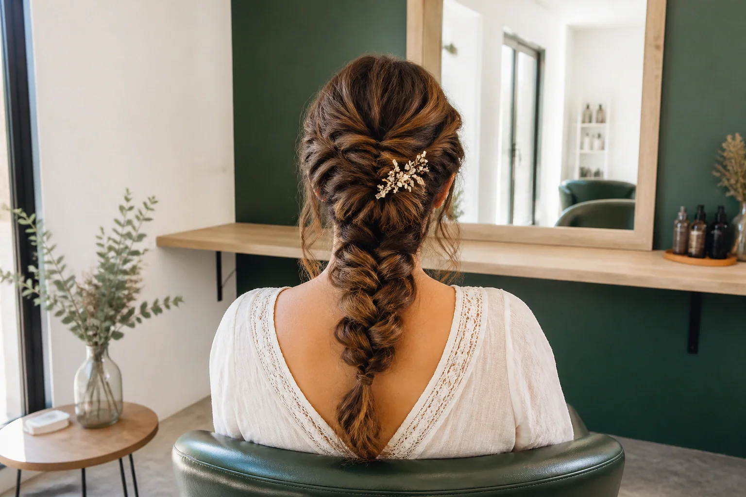Coiffure de cérémonie vue pendant la préparation — illustration générée par IA