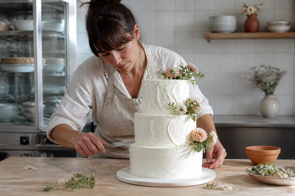 Gâteau de mariage préparé dans un atelier — illustration générée par IA