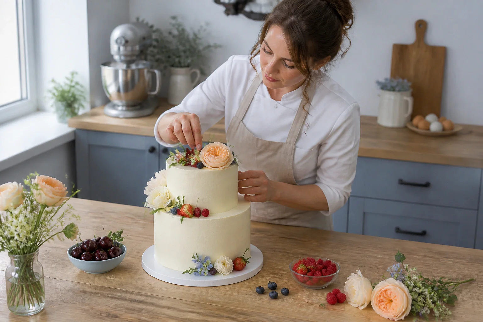 Gâteau de mariage préparé dans un atelier — illustration générée par IA