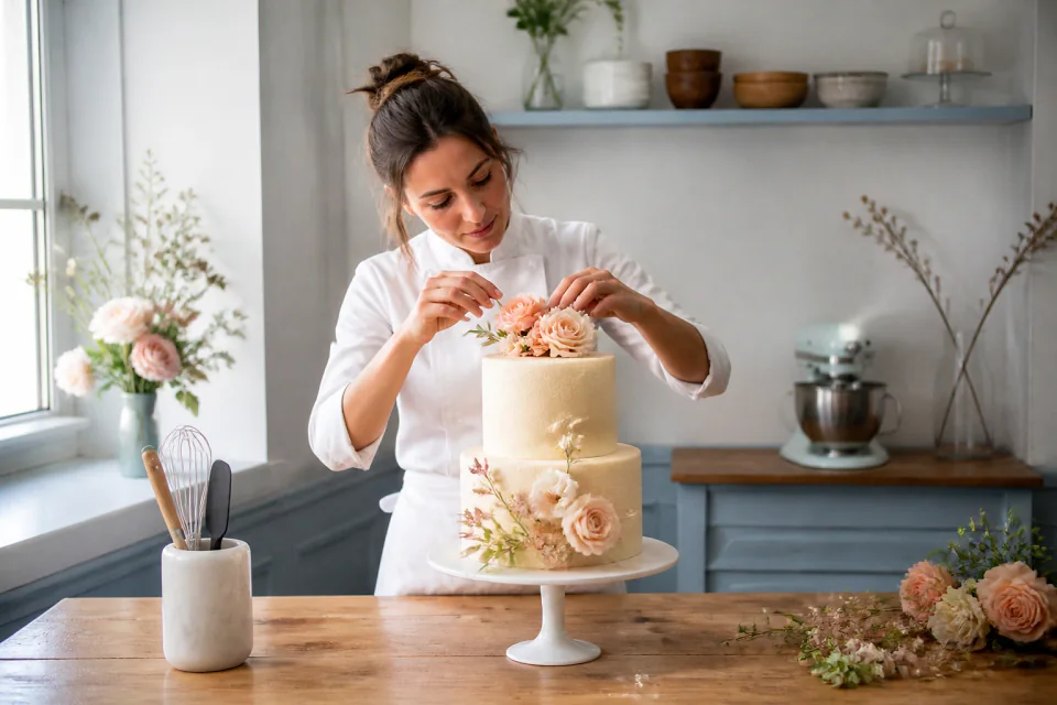 Gâteau de mariage préparé dans un atelier — illustration générée par IA