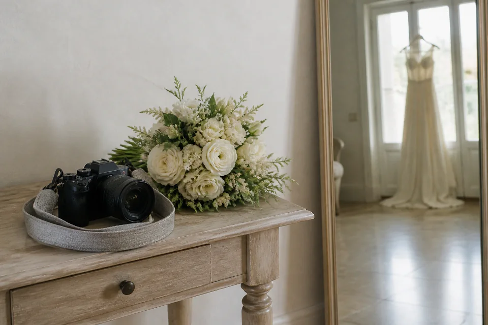 Appareil photo et accessoires de reportage de mariage — illustration générée par IA