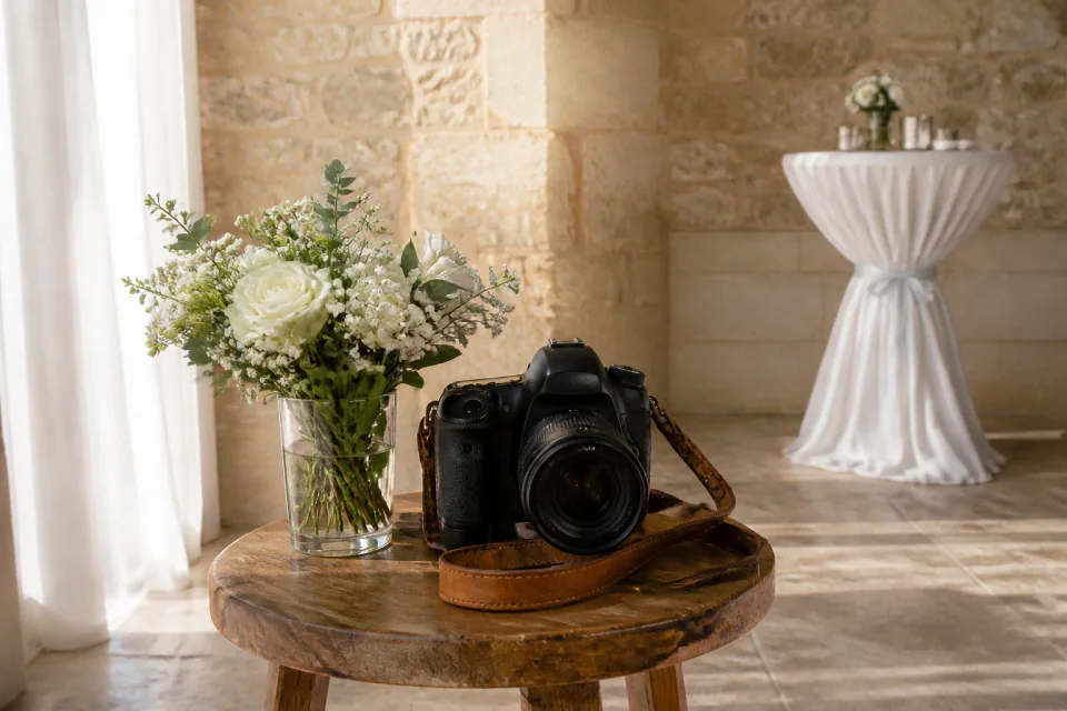 Appareil photo et accessoires de reportage de mariage — illustration générée par IA