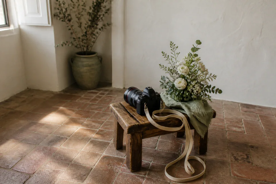 Appareil photo et accessoires de reportage de mariage — illustration générée par IA