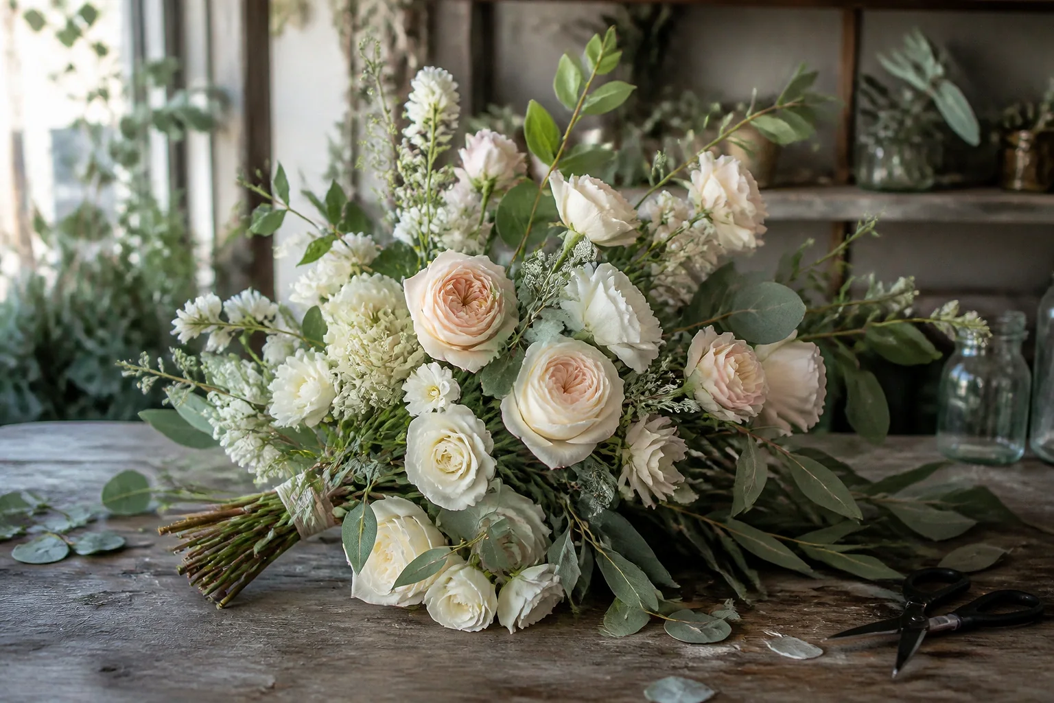 Préparation florale pour un mariage — illustration générée par IA