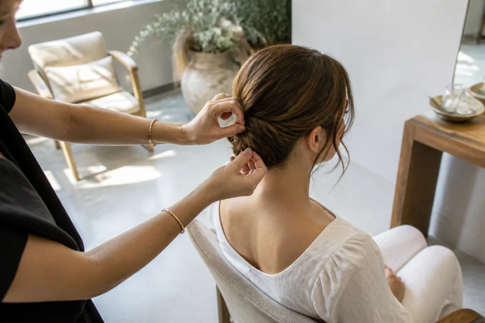 Coiffure de cérémonie vue pendant la préparation — illustration générée par IA
