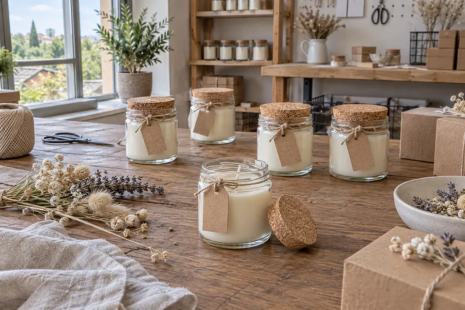 Bougies en petits pots préparées comme cadeaux d’invités — illustration générée par IA