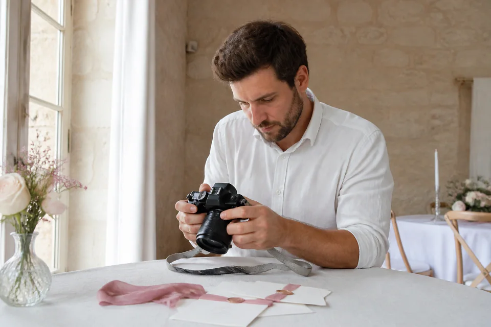 Appareil photo et accessoires de reportage de mariage — illustration générée par IA