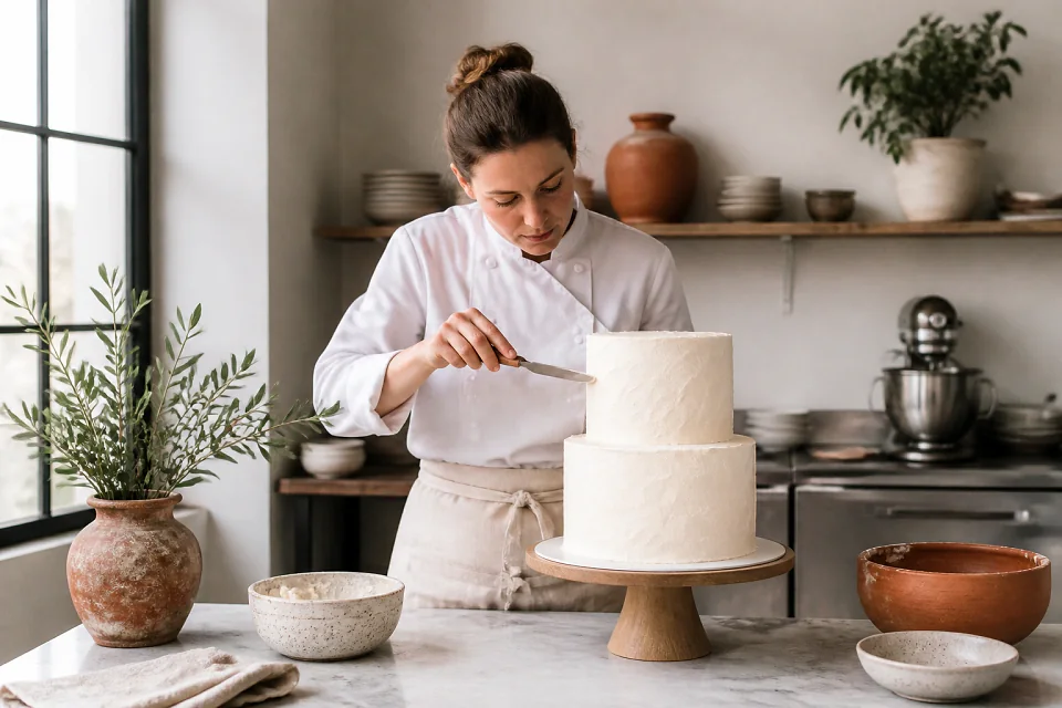 Gâteau de mariage préparé dans un atelier — illustration générée par IA