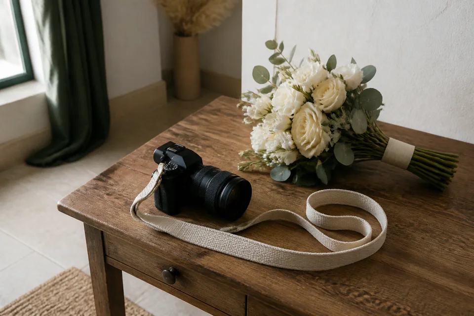 Appareil photo et accessoires de reportage de mariage — illustration générée par IA