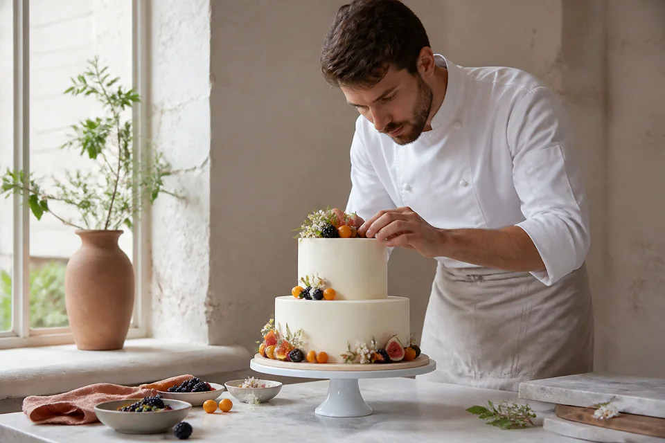 Gâteau de mariage préparé dans un atelier — illustration générée par IA