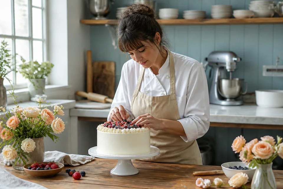Gâteau de mariage préparé dans un atelier — illustration générée par IA