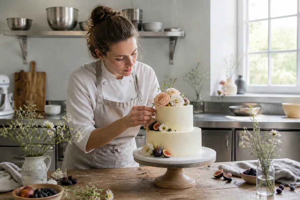 Gâteau de mariage préparé dans un atelier — illustration générée par IA