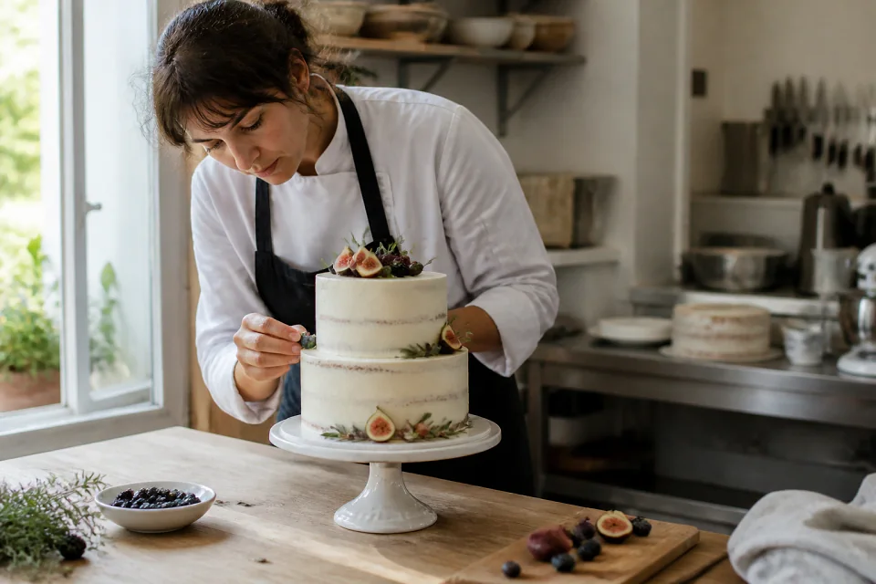 Gâteau de mariage préparé dans un atelier — illustration générée par IA