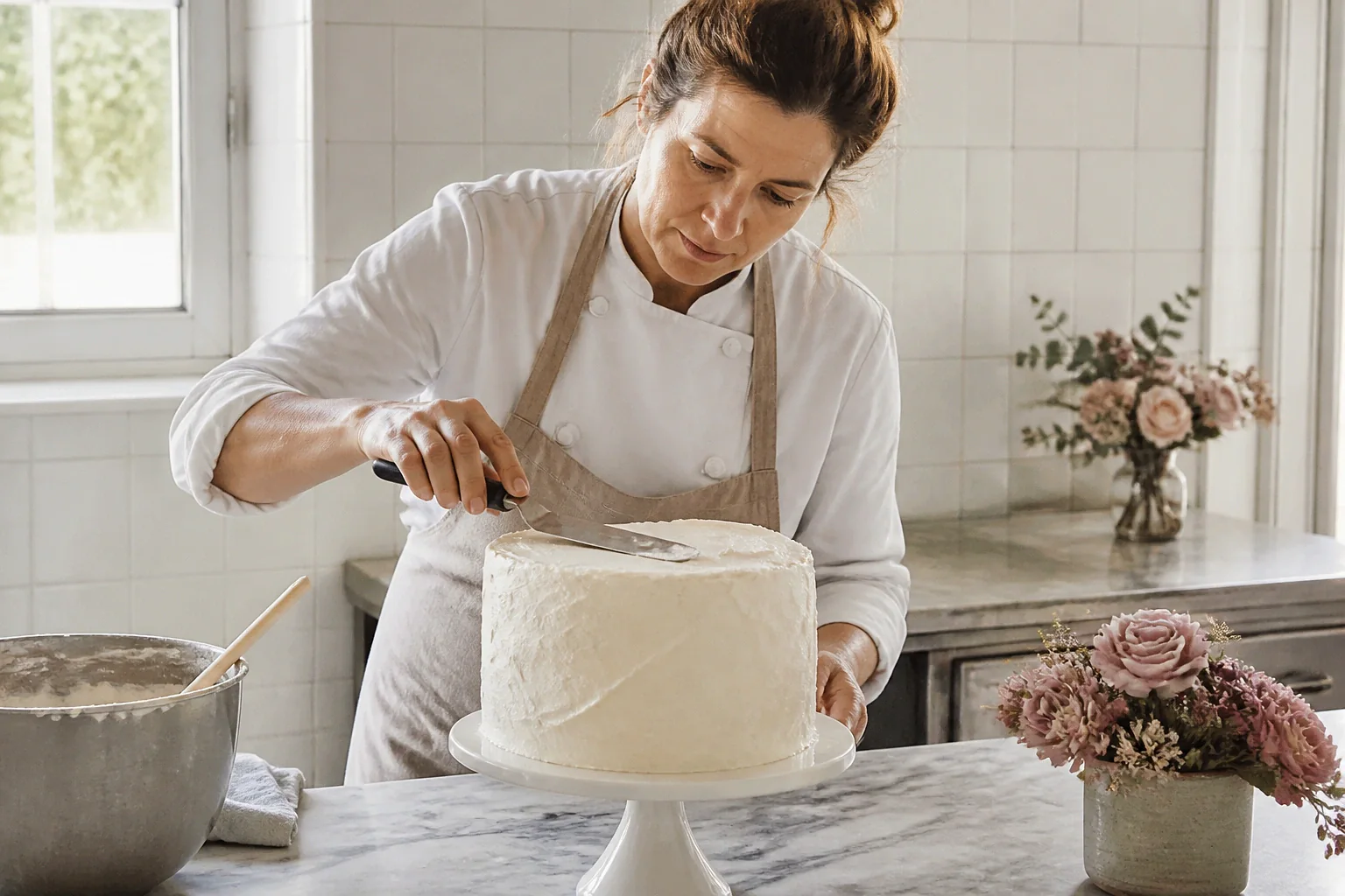 Gâteau de mariage préparé dans un atelier — illustration générée par IA