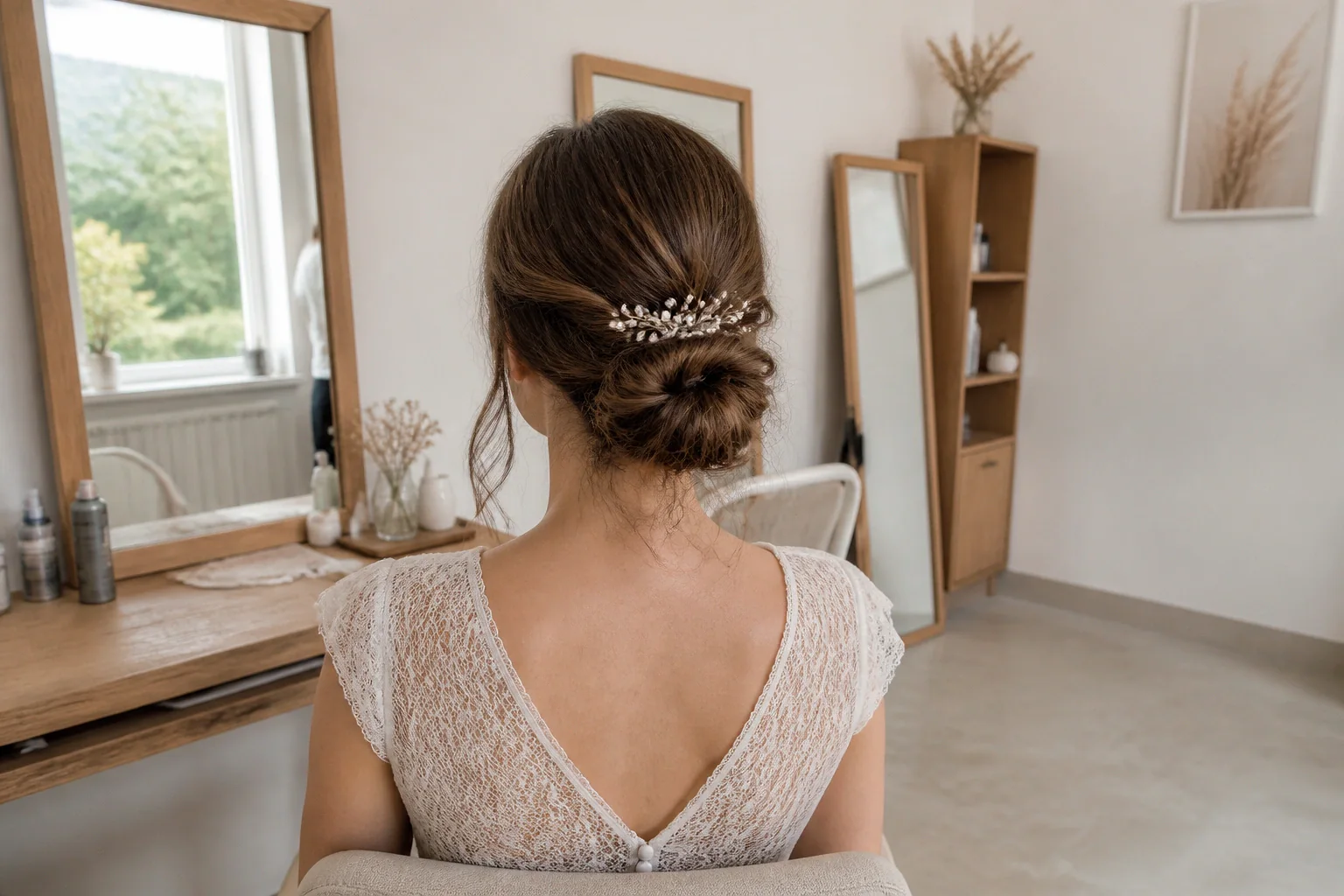Coiffure de cérémonie vue pendant la préparation — illustration générée par IA