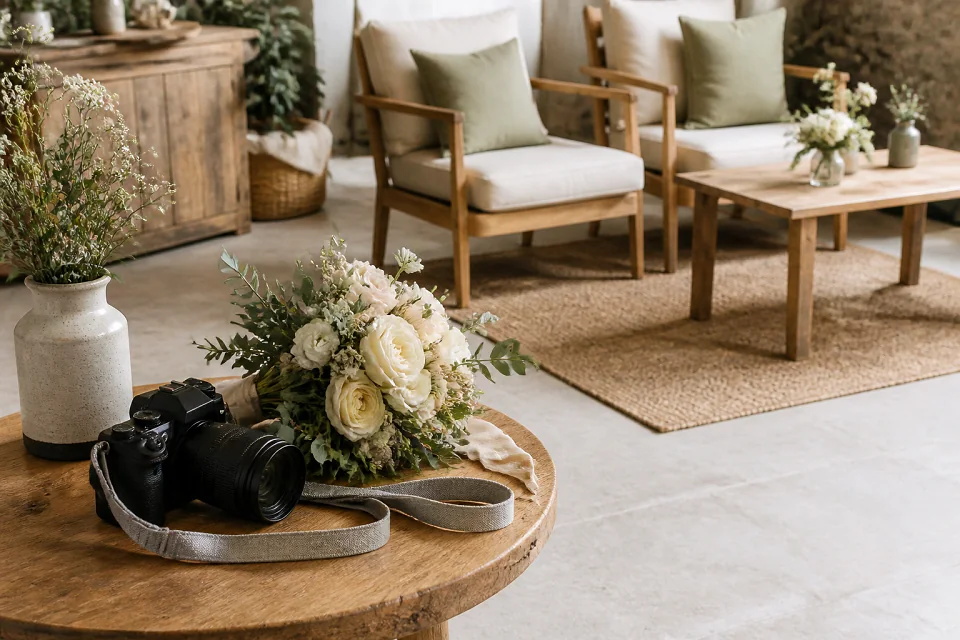 Appareil photo et accessoires de reportage de mariage — illustration générée par IA