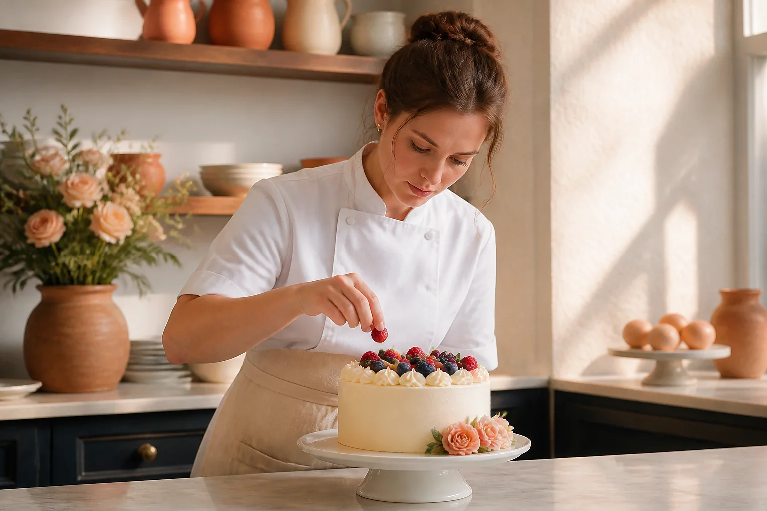 Gâteau de mariage préparé dans un atelier — illustration générée par IA