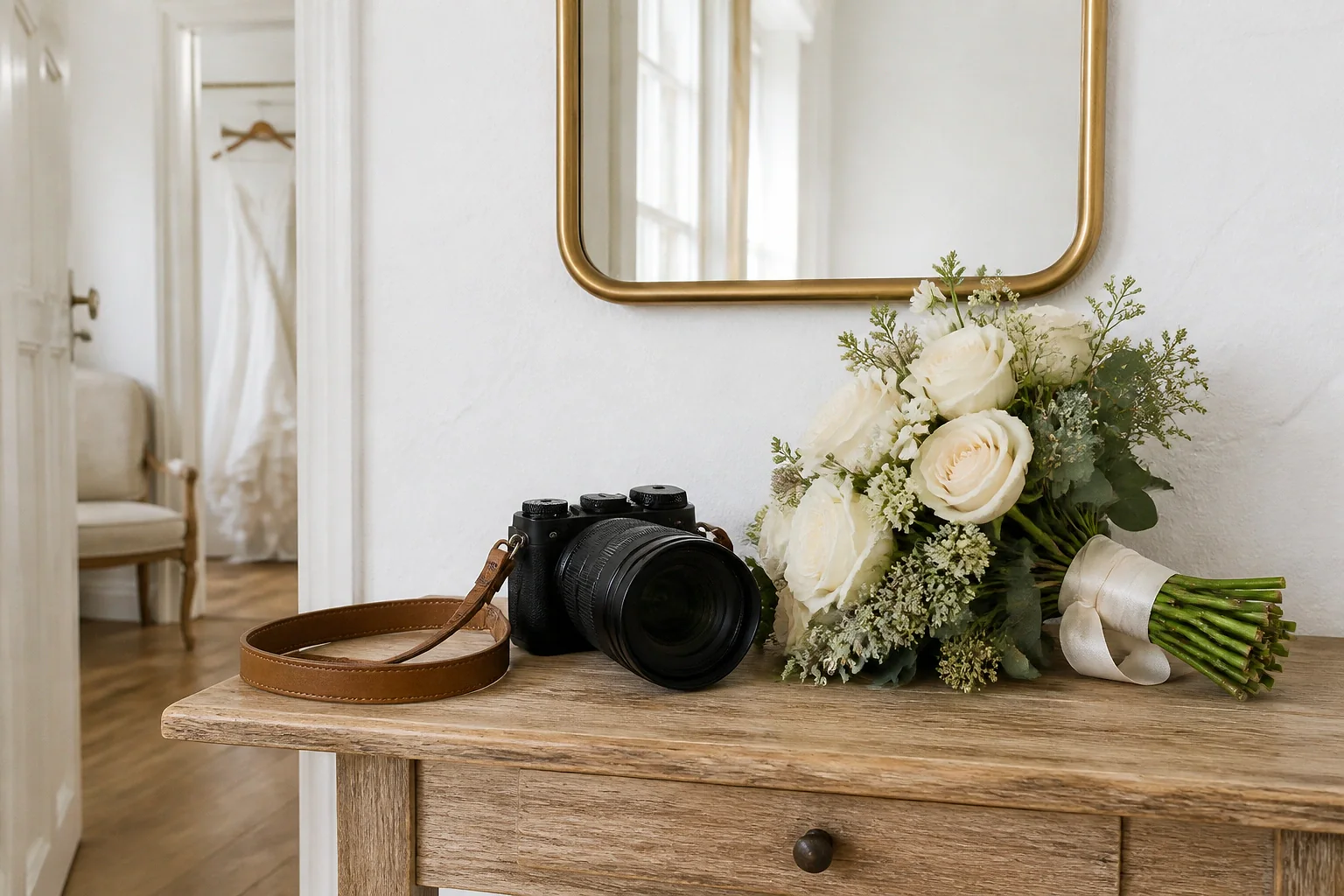Appareil photo et accessoires de reportage de mariage — illustration générée par IA
